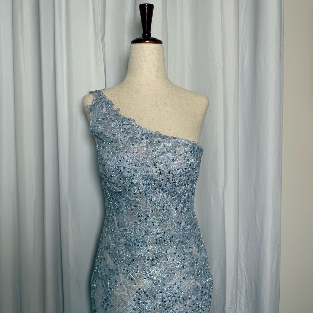Mac Duggal One Shoulder Lace Beaded Dress Blue Corset Formal Prom Size 4 - Picture 6 of 16